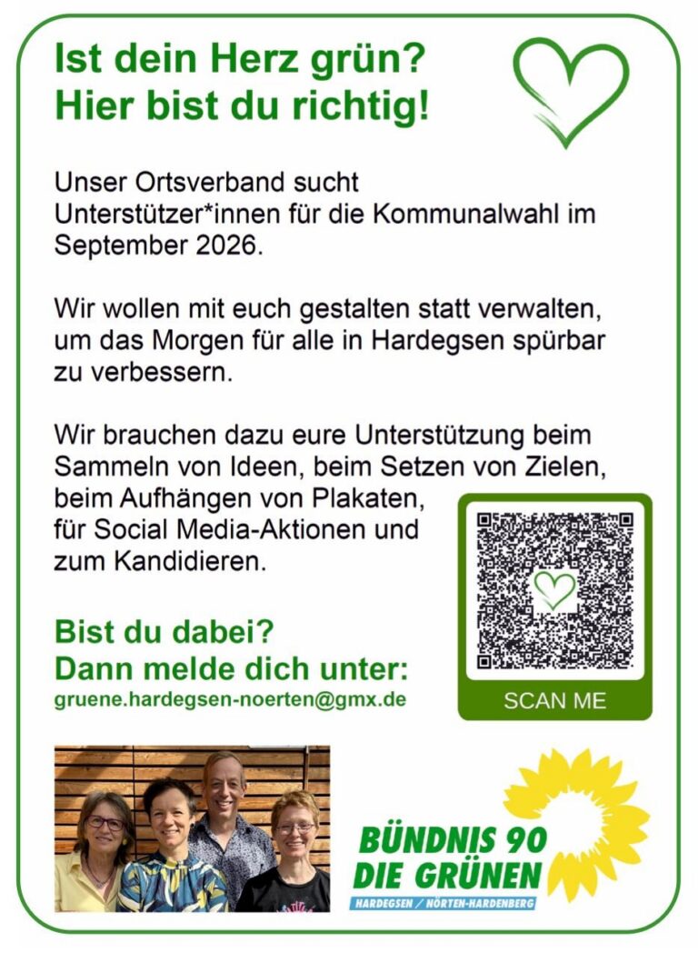 GRÜNE Hardegsen/Nörten-Hardenberg suchen Unterstützer:innen für die Kommunalwahl 2026